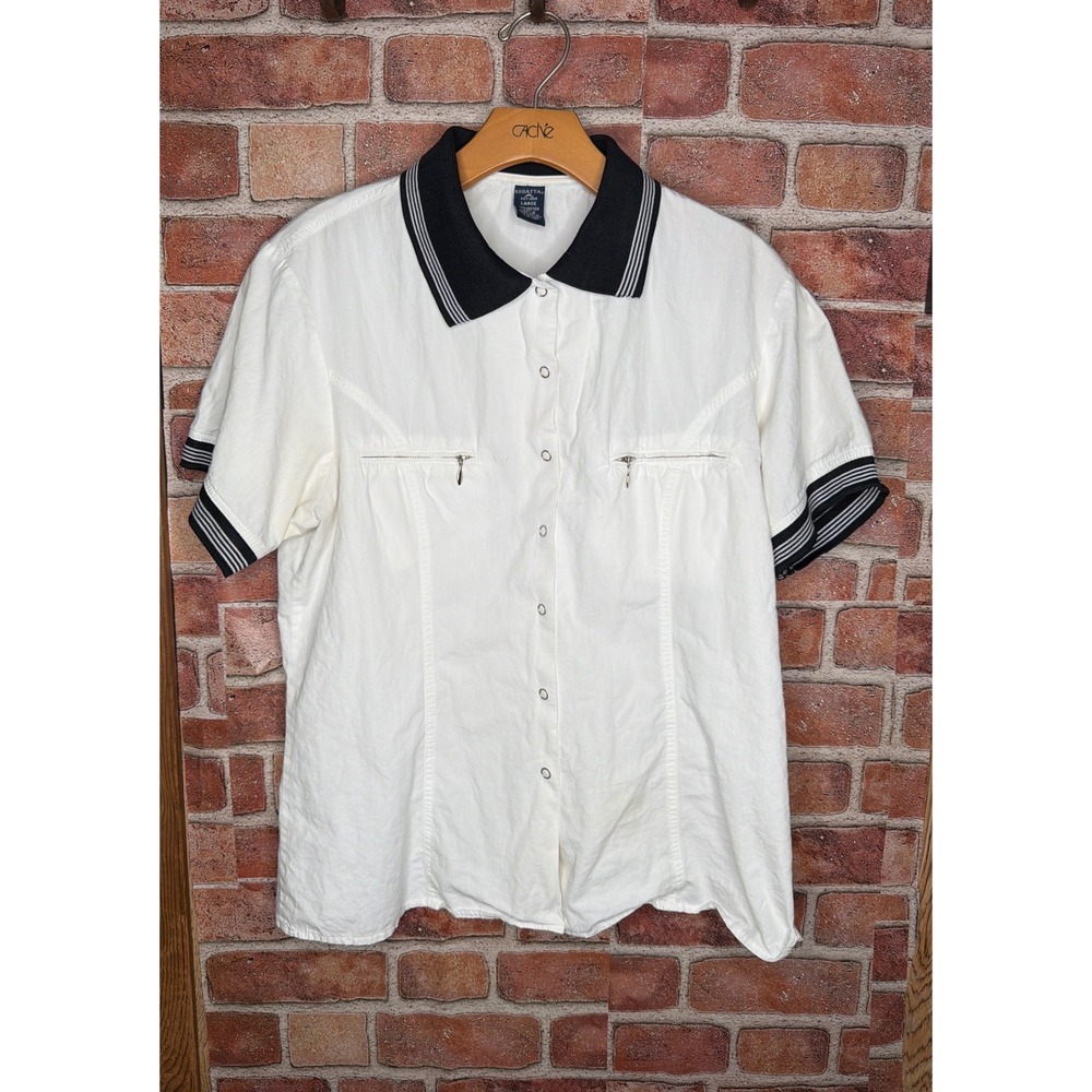 Regatta Sport Womens Large White Cotton‎ Snap Front Shirt Striped Collar Zip